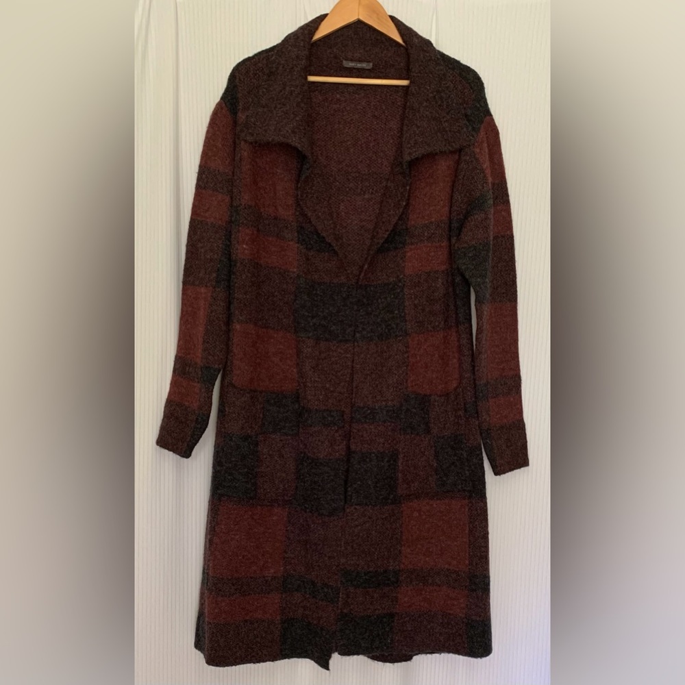 Suzy Shier - Long Line Open Front Cardigan - Burgundy Multi Colour Block